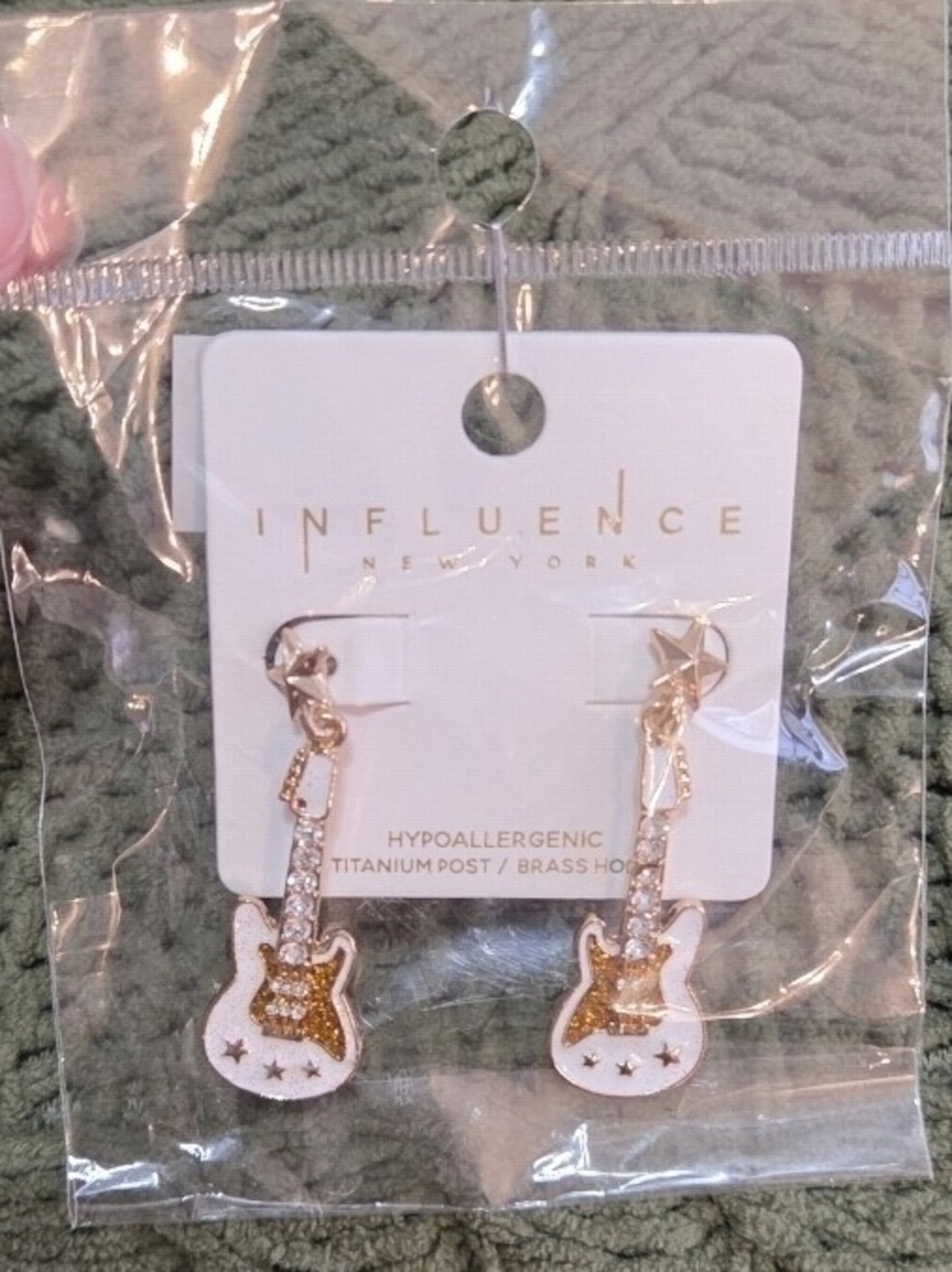 Influence New York Guitar Dangle Earrings White Gold Enamel Stone Embellished